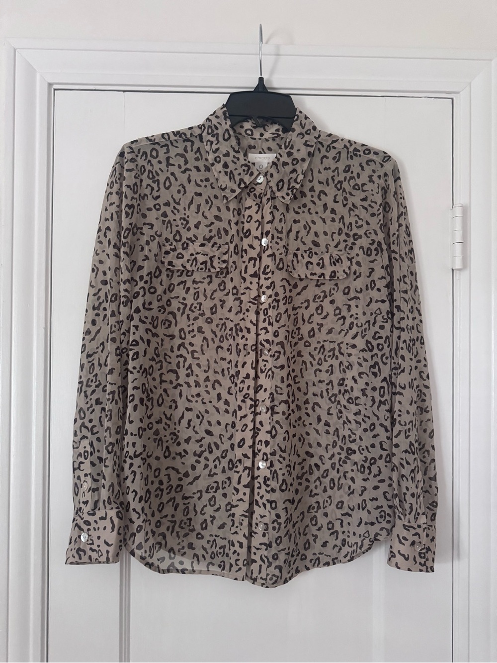 Chico's Beige and Black Leopard Print Button-Down Shirt